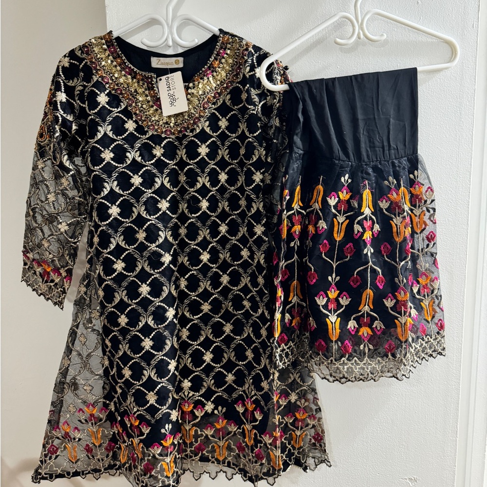 Stunning Black Sharara with Gold & Shocking Pink Embroidery +Contrasting Dupatta